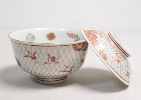 明治前期色絵網手に鶴と梅に鶯図通り物飯茶碗