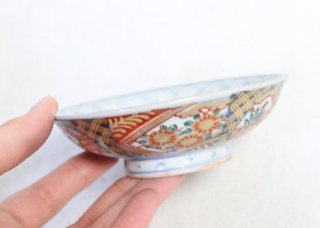 明治前期色絵扇面に菊図通り物飯茶碗