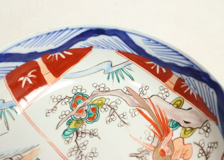 明治前期色絵山水と花鳥図割絵7寸鉢