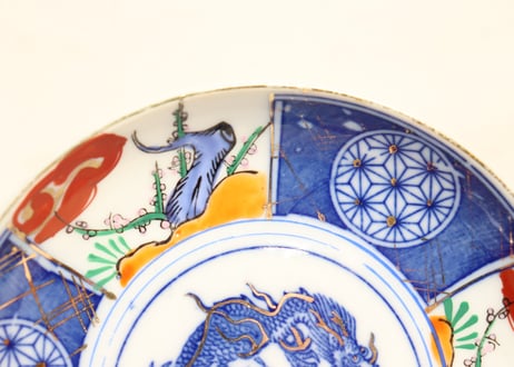 明治後期～大正銅判色絵龍と梅図5寸皿