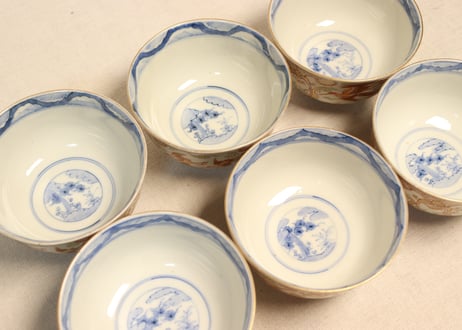 明治前期色絵松鶴図通り物飯茶碗