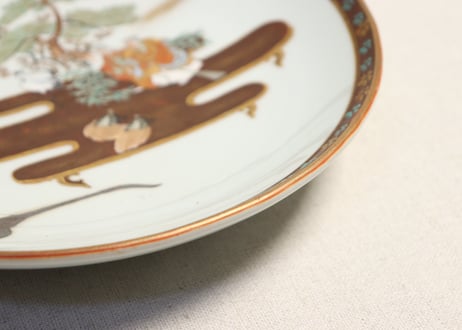 明治前期九谷焼色絵高砂図通り物8寸皿