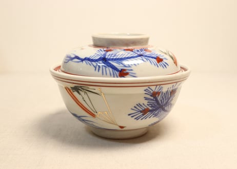 昭和戦前色絵松と扇図蓋付丼