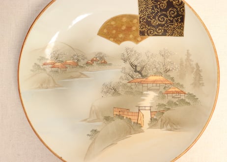 明治前期九谷焼色絵家風景図通り物8寸皿②　ノミホツ