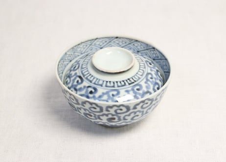 江戸中期染付雲図蓋茶碗5客組 小ニュウ,少甘手,1客高台ホツ