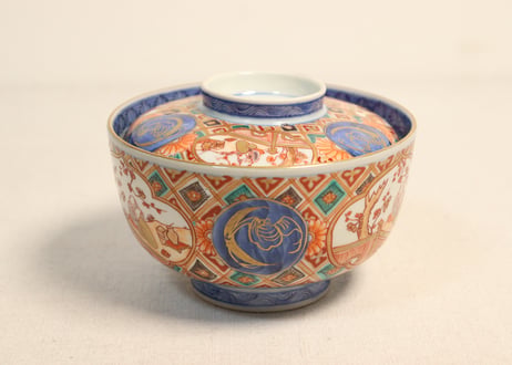 明治前期色絵梅と人物と青玉図蒸茶碗 5客組