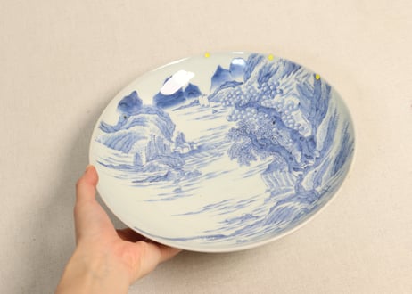 江戸幕末染付山水図８寸台皿 ムシクイ