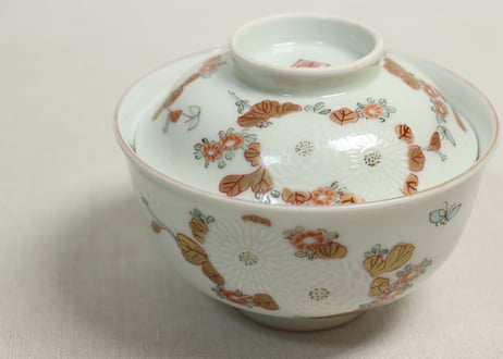 明治前期色絵三方菊図通り物飯茶碗