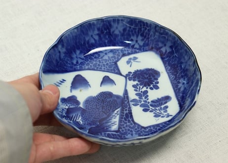 明治前期紙刷菊と山水図なます皿