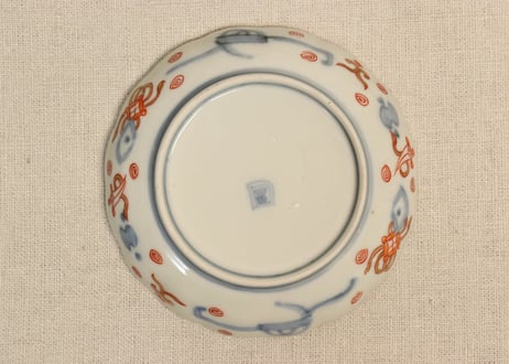 明治前期色絵桃に山水と鳥籠図通り物小皿①5客組