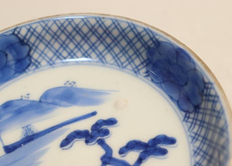 江戸幕末染付山水と牡丹図小皿 窯傷,フリモノ