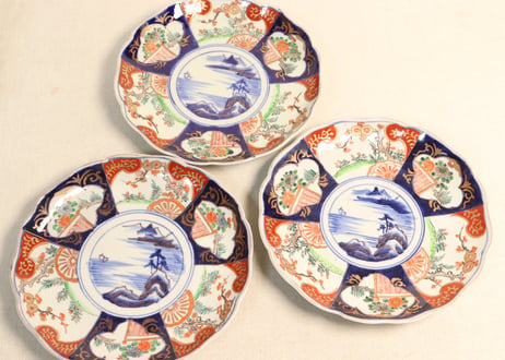 明治前期色絵山水と菊図7寸皿