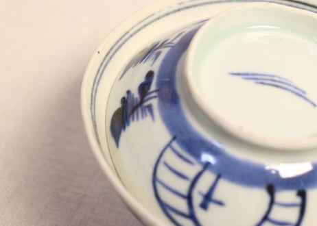 江戸後期染付鳥居と杉図広東型飯茶碗
