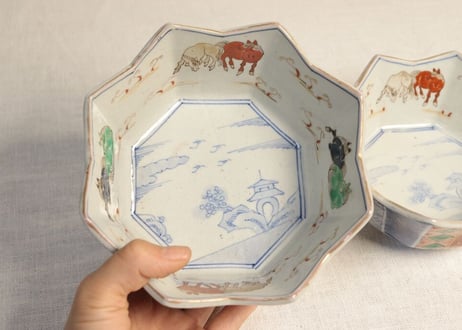 明治前期色絵馬と幾何学文八角三ツ組鉢 大のみ甘手