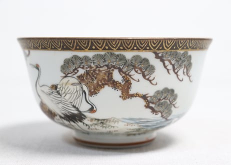 明治前期九谷焼色絵松鶴図通り物蒸茶碗