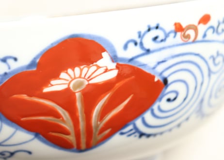 明治前期色絵松竹梅と牡丹図7寸鉢　釉剝げ