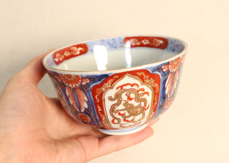 明治前期色絵四方に龍と鳳凰図通り物飯茶碗