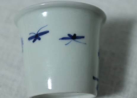 江戸幕末染付竹垣に菊図端反り小猪口