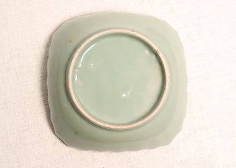 江戸中期青磁色絵栗図角なます皿五客組　1客ノミホツ有り