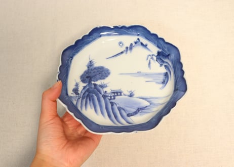 明治後期～大正染付山水図6寸八角皿