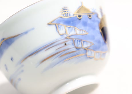 江戸幕末金彩染付山水図飯茶碗