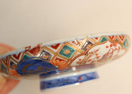 明治前期色絵梅と人物と青玉図蒸茶碗 5客組