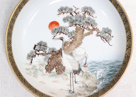 明治前期九谷焼色絵松鶴図通り物深小皿　甘手