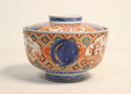 明治前期色絵梅と人物と青玉図蒸茶碗 5客組