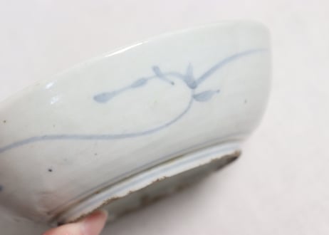 江戸中期染付扇面と巾着図くらわんかなます皿③薄め,フリモノ,窯傷