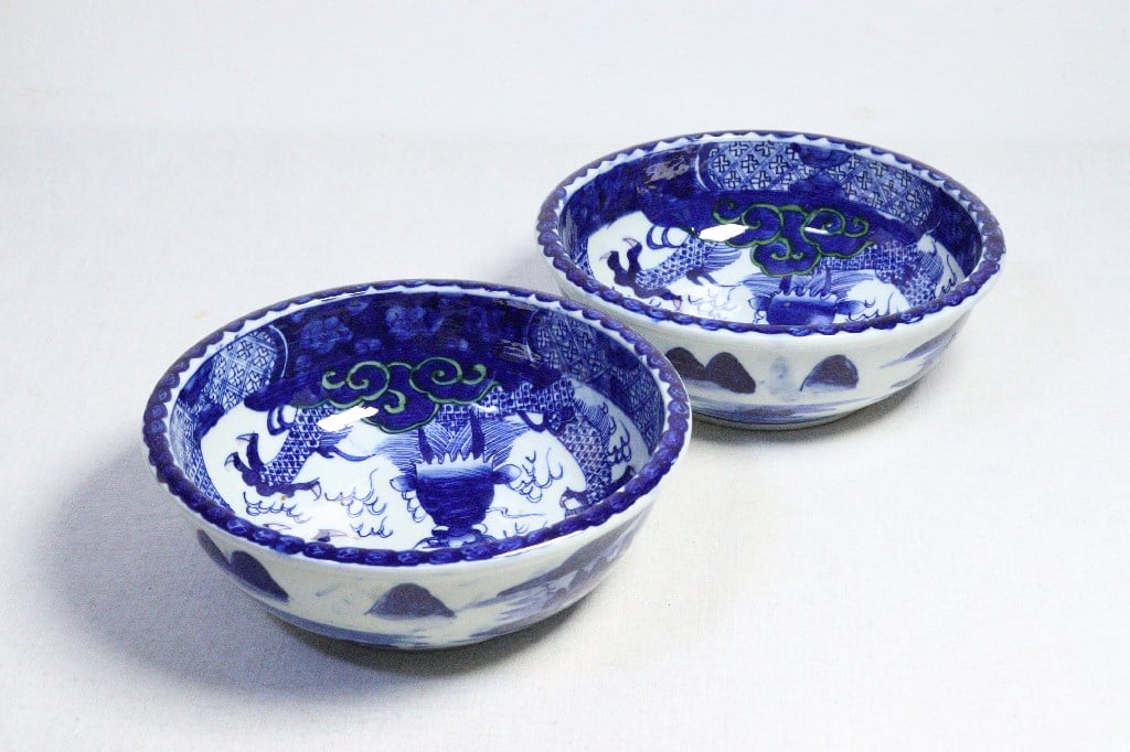 明治前期 色絵 花籠 龍と鳳凰 唐花 蝶 輪花 大鉢 龍鳳凰