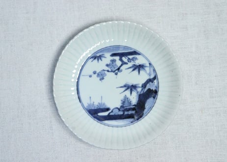 江戸中期染付松竹梅図輪花5.5寸皿　5客組