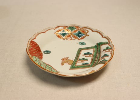 明治前期色絵松図屏風と犬図5寸皿