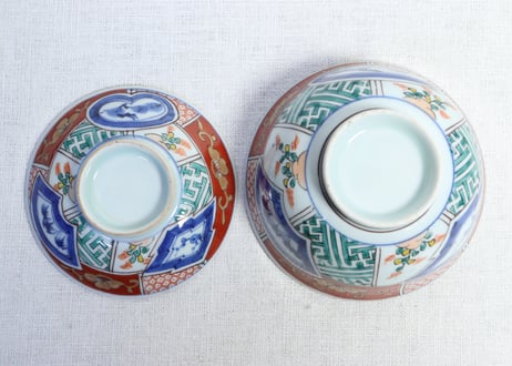 江戸幕末色絵松竹梅と幾何学文割絵蓋茶碗