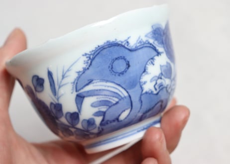 江戸中期染付菊と牡丹図向付