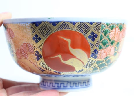 明治前期色絵桃と松鶴図通り物蒸茶碗