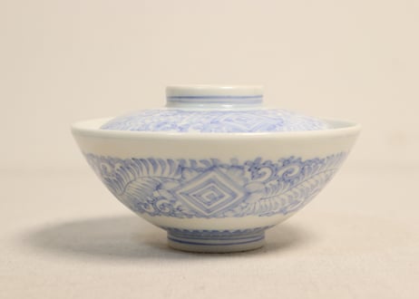 明治後期~大正染付角と唐草図飯茶碗 少フリモノ