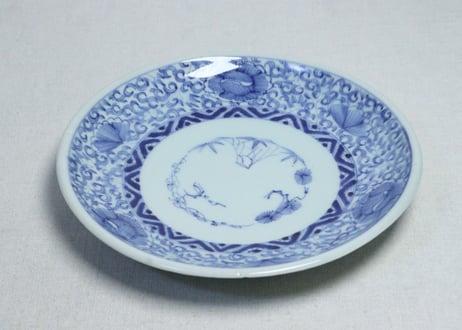 江戸幕末線描き牡丹図７寸皿②　少かたつき
