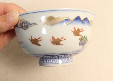 明治前期金彩染付山水図通り物飯茶碗①濃いめ