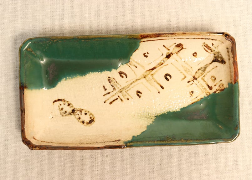 明治後期～大正織部焼幾何学文長皿 5客組 1客かたつき,シミ有り