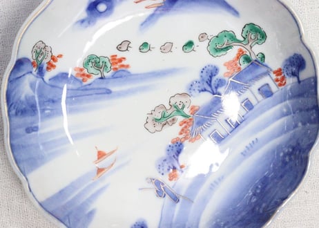 明治前期色絵山水図なます皿　釉弾き