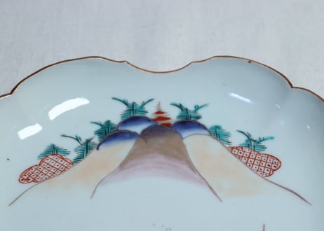 江戸中期色絵馬図四弁通り物7寸変形皿 　5客組
