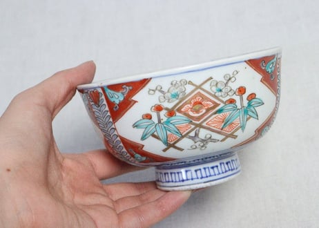 明治前期色絵牡丹と松竹梅図通り物蓋茶碗