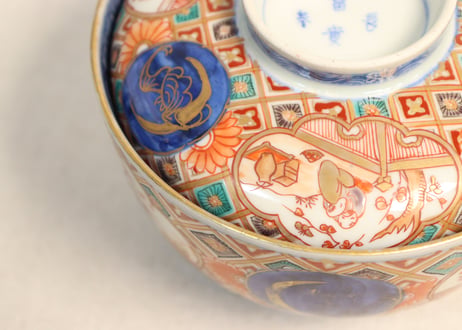 明治前期色絵梅と人物と青玉図蒸茶碗 5客組