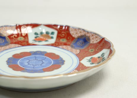 江戸幕末色絵牡丹と青玉図通り物7寸皿②少かたつき
