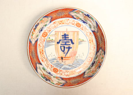 明治前期色絵帆掛け舟に龍と鳳凰図8寸鉢