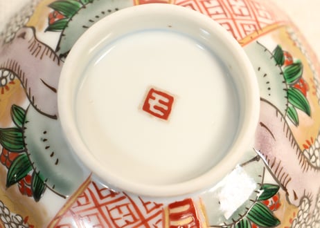 明治前期色絵桜と万年青図通り物飯茶碗②薄め
