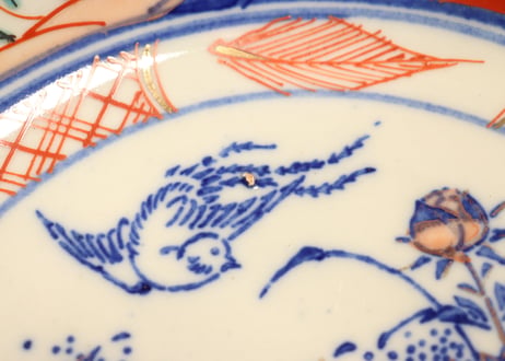 明治後期~大正紙刷色絵牡丹に鳥図三ツ組鉢