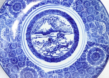 明治後期～大正紙刷富士図7.5寸皿　窯傷,かたつき