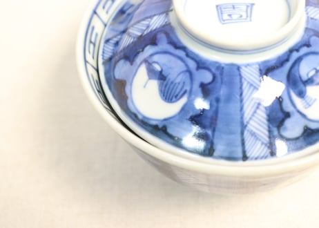 江戸幕末染付丸窓山水図飯茶碗