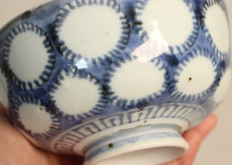 江戸中期染付雪輪図飯茶碗 窯傷,あたり傷,少甘手